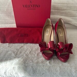 Valentino Garavani Red Patent Leather Peep-Toe Pumps with Decorative Bow